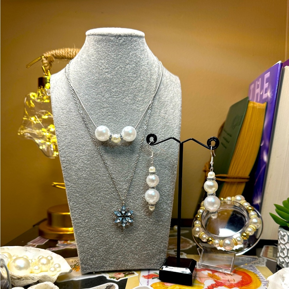 White pearl necklace and earrings